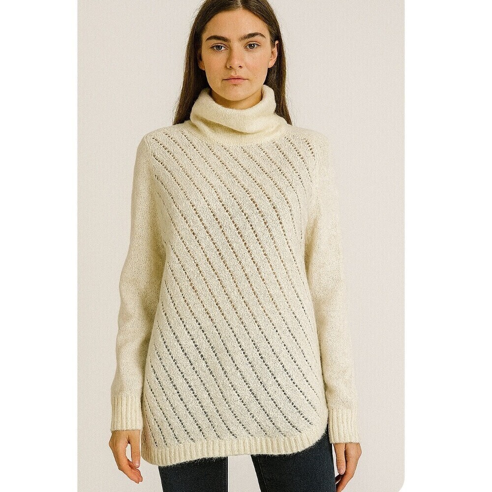Lou & Grey Wool Alpaca Blend Ivory Funnel Neck Long Sleeve Pullover Sweater NEW
